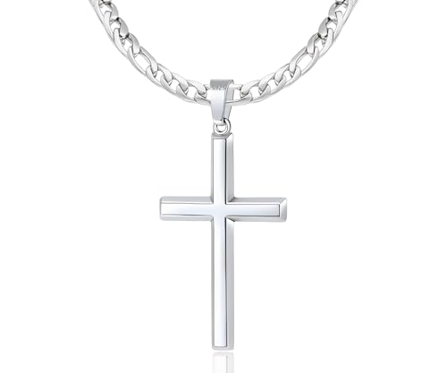 BWDIPCYC S925 Sterling Silver Beveled Edge Cross Necklace for Men Women, 5mm Sterling Silver Figaro Link Chain, Fashionable Men's Crucifix Pendant Chain Necklaces 20 Inch