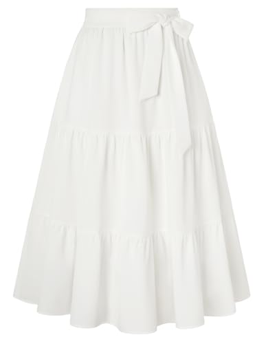 Image of Belle Poque Women Vintage Skirt A Line Midi Skirt High Waisted Skirts with Pockets & Bow Tie