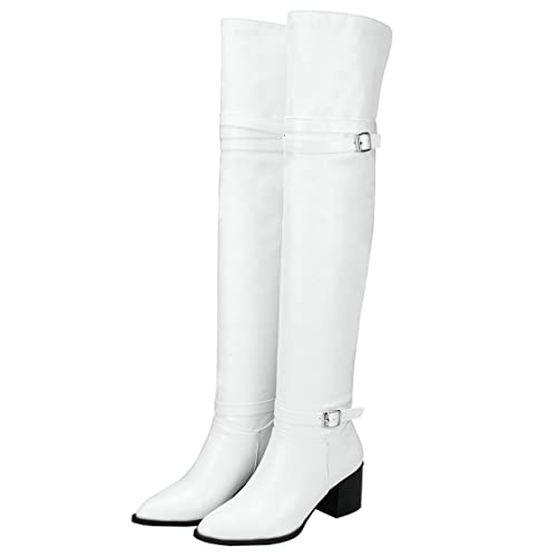 BEAUPAS Women's Chunky Heeled Over The Knee Boots Buckle Block High Heel Thigh High Boots Pointed Toe Shoes2