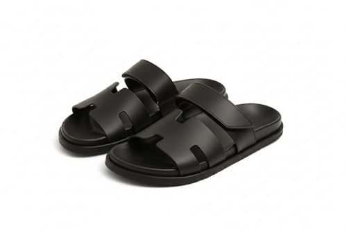 Image of Men Genuine Leather Slippers | Handcrafted Luxury Slides with Cushioned Sole & Anti-Slip Grip | Stylish Indoor Outdoor Footwear (BK)-(Series)-403