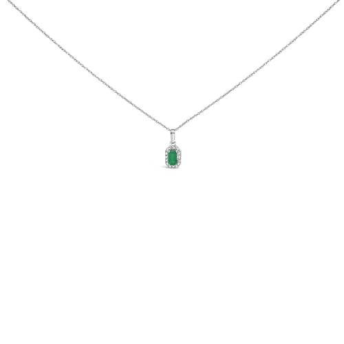 10K White Gold 5x3mm Green Emerald and Diamond Accent Halo Octagonal Shape 18" Pendant Necklace (I-J Color, I1-I2 Clarity)