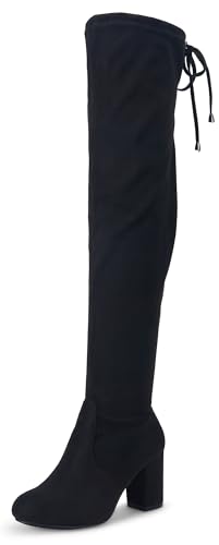 Vepose Women's Over The Knee High Boots Black Suede Thigh High Boot Vegan 3 Inch Chunky Heels Zipper Adjustable Opening 991 Shoes Size 7.5 (CJY991 Black Suede 07.5)