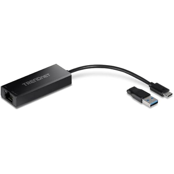 TRENDnet Adapter Ethernet 2,5 G USB-C na RJ-45, adapter 2 w 1, kompatybilny z USB C/Thunderbolt 3 lub USB 3.1, kompatybilny z Windows, adapter USB-C na USB-A w zestawie, czarny, TUC-ET2G
