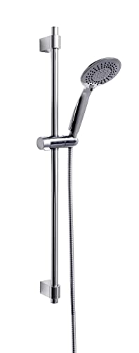WENKO Set de ducha Young, moderno cabezal con 5 tipos de chorro, barra de ducha y flexo de ducha de acero inoxidable, apto para calentadores de agua, conexión universal de ½', 66 cm, plata brillante