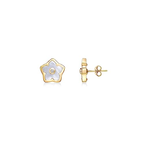 Black Onyx, Malachite or Mother of Pearl Pentagon Shape Star Stud Earrings for Women in 925 Sterling Silver and Yellow Gold Plating with White Sapphire Flower Push Back Studs by Lavari Jewelers2