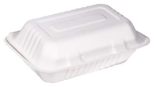 [150 PACK] EcoQuality White 6 x 9 x 3 in. Compostable Clam Shell Hinged Take Out Food Container - Sugarcane Bagasse, Tree Free - Restaurant Supplies, Microwavable,Bidodegradable,Recyclable (Rectangle)