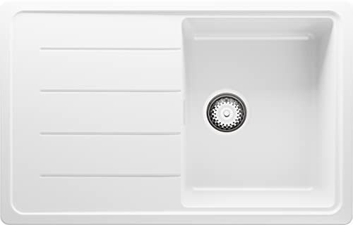 Evier Cuisine en Granit Blanc, 78 x 50 cm, Lavabo 1 bac + Kit de Vidage, Évier à Encastrer de Primagran