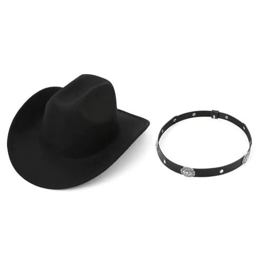 Image of Women-Classic-Western-Cowboy-Shapeable-Hat - Men-Roll-Up-Wide-Brim-Felt-Fedora-Hats-Cowgirl-Hat with Belt Buckle(M-L)
