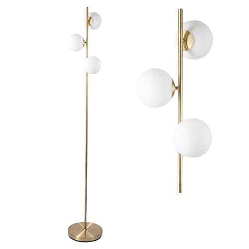 firstchoicelighting Modern Satin Brass Stem Floor Lamp with Opal Globe Glass Shades