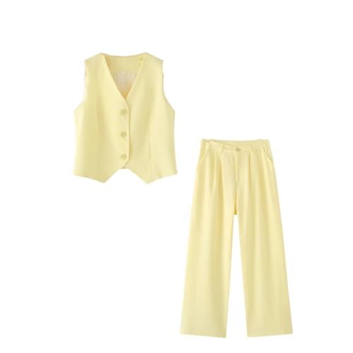 Women's Summer Casual Solid Color V-Neck Sleeveless Single Breasted Vest Fashion High Waist Pants Set