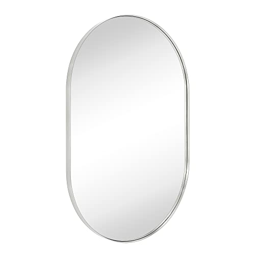 Image of TEHOME Brushed Nickel 24x36'' Oval Mirror Brushed Silver Capsule Pill Shaped Bathroom Vanity Mirror 36 x 24 inch Nickel Oblong Metal Framed Mirror in Stainless Steel
