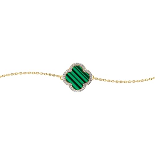 Image of Jewelco London Gold-plated Silver Green Clover Malachite & CZ Halo Lucky Charm Chain Bracelet 7-8.5"