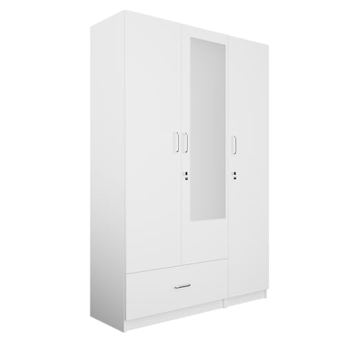 Image of VIKI Wardrobe | Wooden Almirah for 3 Door Wardrobe with 1 Drawer & Hanging Space with Mirror (Frosty White - 40D x 120W x 180.8H) | 1 Year Warranty | Free Assembly