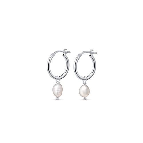 Amberta Women 925 Sterling Silver Freshwater Pearl Earrings: 12 mm Pearl Hoop Earrings - Silver