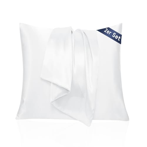 Taie Oreiller 65x65 Satin - Similaire aux Taie d Oreiller en Soie Lot de 2, Prend Soin de Votre Peau et de Vos Cheveux, Housse Coussin Satin Protege Oreiller (Blanc Naturel, 65x65cm)