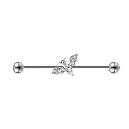 Niaspi 14G Bat Industrial Barbell Earrings for Women Men Stainless Steel Cartilage 38mm 1&1/2 Inch Industrial Piercing Bar Halloween Body Piercing Jewelry (White)