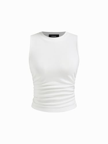 CIDER Crop Tops for Women Basic Sleeveless Ruched Going Out Summer Casual Ribbed Tank Top White