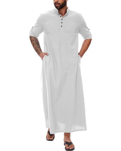 YAOHUOLE Muslim Thobe for Men Button down Muslim Men Long Sleeve Thobe Long Gown Thobe White XL