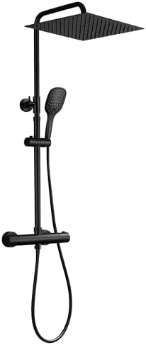 JOHO Edelstahl Duschsystem mit Regendusche Thermostat, 30x30 cm Schwarz | Regenduschset mit Höhenverstellbare Duschstange 74–114 cm, 3 Strahlarten Handbrause, Duscharmatur Komplett