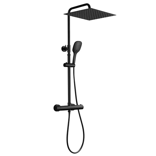JOHO Inoxy 304 Colonne de Douche Noir avec 38 ° C Mitigeur Thermostatique Colonne Douche Inox Mural Réglable Douchette Salle de...