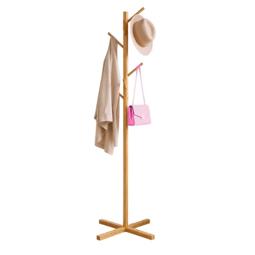 Cabideiro de Chão em Bambu Madeira Natural com 7 Ganchos Mancebo Organizador de Roupas Bolsas Mochilas Chapéus e Acessórios Suporte Decorativo para Quarto e Sala Montagem Fácil