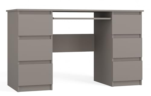 CDF Schreibtisch Computertisch Arbeitstisch für Home Office Jugendzimmer Bürotisch mit 6 Schubladen und Tastaturauszug Modernes Design Stabil 130 x 51 x 76 cm - Lehm (grau)