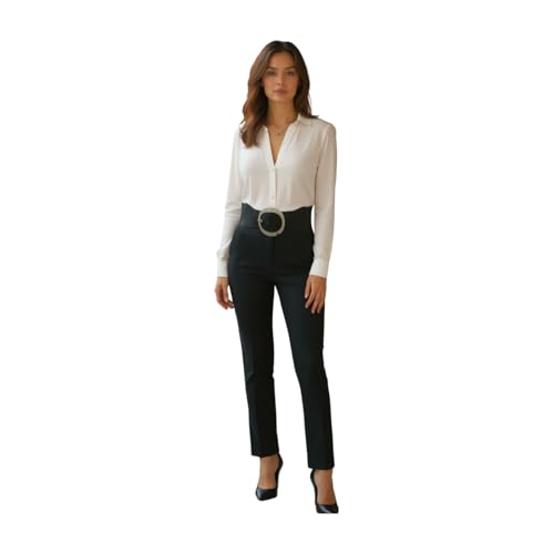 Generic Women Black Elastic Fashion Belt - Hip High Waist Wide Band Gold Metal Round Buckle Size S z1652