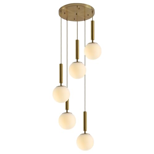 KLXSIVU Lámpara de araña Moderna Tipo racimo - Altura Ajustable con Bombillas LED Tipo Globo y Detalles de Cristal. Ideal para Sala de Estar, Pasillo y Escalera. 5 Opciones de luz cálida.