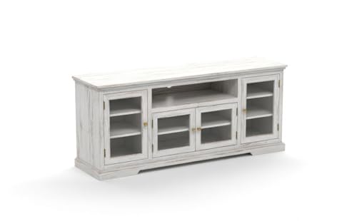 Image of Sheesham Solid Wood TV Cabinet for Living Room | Handcrafted Wooden TV Unit with Storage | Elegant Entertainment Stand for Modern Homes (Glass Tv Cabinet, Rustic White)