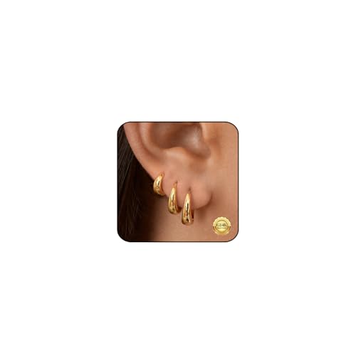 Gold Hoop Earrings for Women - 14k Plated Small Set, Hypoallergenic Huggie Cartilage Earrings, Chunky Stack Non-Tarnish