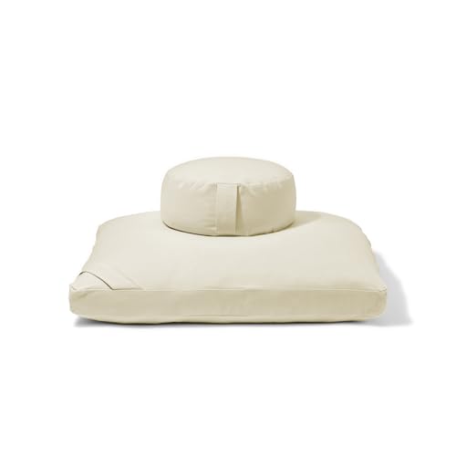 Meditation Cushion Set by renoo – Durable Comfortable Organic Cotton, Linen, Hemp – Modern Zafu Zabuton – Buckwheat Kapok Filled Floor Pillow Yoga Bolster in 15 Colors Washable Cover