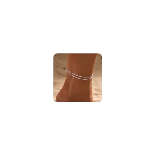 JECOMY Anklet for Women 14K Gold Plated Ankle Bracelets Silver Anklet Waterproof Pearl Cubic Zirconia Rhinestone Heart Beads Herringbone Cuba Link Chain Anklets Dainty Jewelry