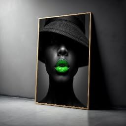 Portrait en noir et blanc lèvre verte tableau moderne de 80x110cm