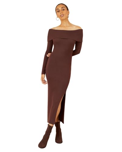 Image of Yumi Brown Bardot Knitted Fitted Midi Dress, Ribbed, Long Sleeve, Viscose Polyamide Polyester (UK, Alpha, L, Regular, Regular, Brown)