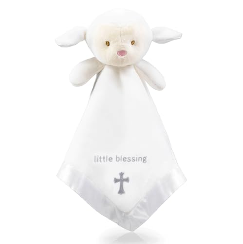 TRANQUIL KIDDO Lamb Lovey, Baptism Gifts for Girl & Boys - Loveys for Babies, Soft Embroidered Baby Blanket with Cross, Baptism Blanket for Newborns & Toddlers, Organic Cotton,14 inch