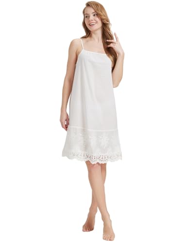 BEAUTELICATE Fond de Robe 100% Coton Jupon Femme Bretelles Chemise de Nuit Victorien Droite (Ivoire Alencon Dentelle Bord De l'Arc, M)