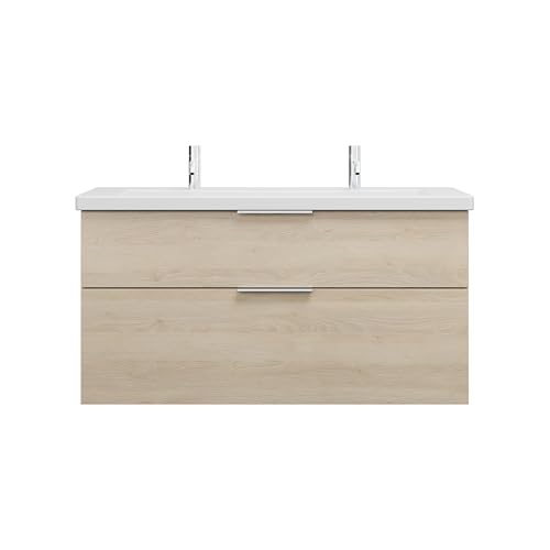 burgbad Eqio Keramik-Waschtisch mit 2 Armaturbohrungen, inklusive Waschtischunterschrank, Breite 1230mm, SEYR123F3180C0001G0146, Farbe: Eiche Dekor Cashmere/Eiche Dekor Cashmere, Griff Chrom G0146