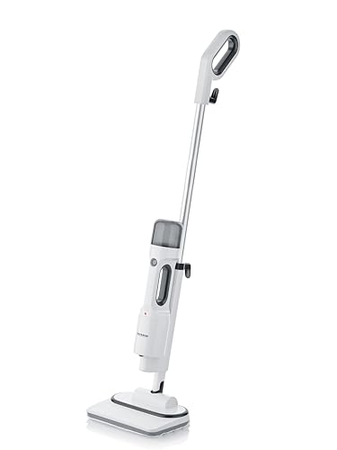 SEVERIN Limpiador de vapor con accesorios, fregona eléctrica, limpiadora multiusos para alfombras, baldosas y suelos duros, baños y cocina para grifos, placas y más, blanco/negro, SC 7142