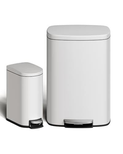 Image of Garvee 13 gal (50 L) and 2.6 gal (10 L) Metal Trash Can Combo Set, Rustproof Garbage Can with Lid, Step-on Trash Bin with Inner Bucket, Rear Handle, White