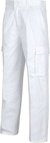 WORKTEAM Pantalón de Trabajo Multibolsillos, Corte Recto, Cintura Elástica, Tejido Resistente.Unisex Blanco 56