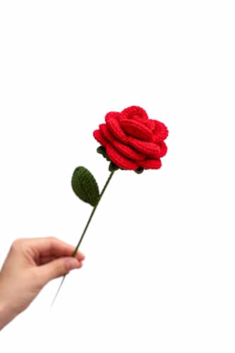 Handcrafted Crochet Red Rose Artificial Flower, Single Stem Home Decor, Handmade Knitted Floral Arrangement for Vase Decoration (Pack of 1)