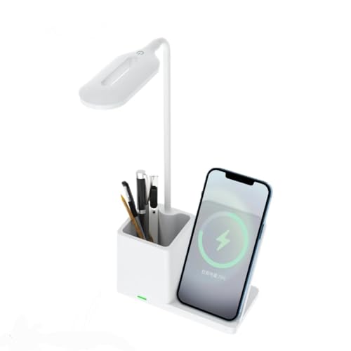 LED Desk Lamp with Wireless Charger Pen Holder Organizer Flexible Lamp Touch Control 3 Brightness Levels Reading Light for Home Office (White)