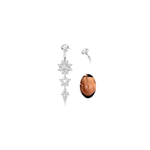 YOVORO 14G G23 Titanium Dangle Belly Button Rings for Women Round CZ Belly Rings Internally Threaded Flower Navel Ring Hypoallergenic Curved Barbell Belly Piercing Jewelry Flower Silver