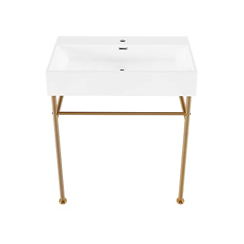 Claire 30" Ceramic Console Sink White Basin Brushed Gold Legs #TOP21