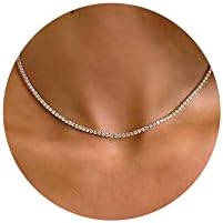 Tewiky Choker Necklace for Women, Tennis Necklaces Dainty Silver Rhinestone Necklace Simple Sparkly Diamond Choker Necklaces Trendy Tennis Bridal Wedding Jewelry Gifts for Women Girls