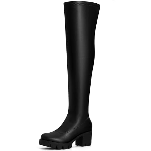 Image of Perphy Platform Lug Sole Over the Knee Boots Round Toe Thigh High Chunky Heels Boots for Women Black 5 UK/Label Size 7 US