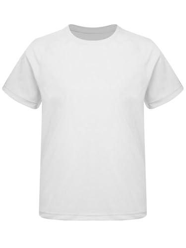HULIJA Camiseta deportiva para niños y niñas, camiseta de entrenamiento de secado rápido, camiseta básica, camiseta de fitness, camiseta de baile, correr, tenis, ciclismo, Blanco, 122-128