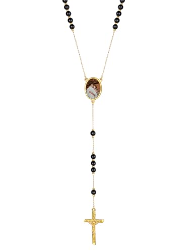 Supcare Collar Rosario Hombre Mujer con Foto Personalizada Acero Inoxidable Cuentas Perlas Negras Medalla Santa Virgen María con Colgante Cruz Cristiano Cadena Rosario Oro 18K