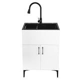Ownsig 23.6 inch 304 Stainless Steel Laundry Sink with Cabinet and Pull-Out Faucet, Free Standing Utility Sink with Draining Basket, Ideal for Kitchen, Bathroom, Garage (White)