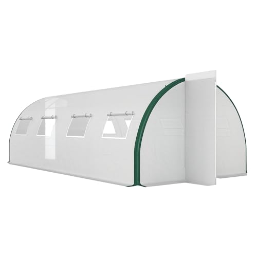 Outsunny Serra a Tunnel 6x3 m con 8 Finestre e 2 Porte a Cerniera, Serra per Orto in Acciaio Zincato e PE, Bianco e Verde